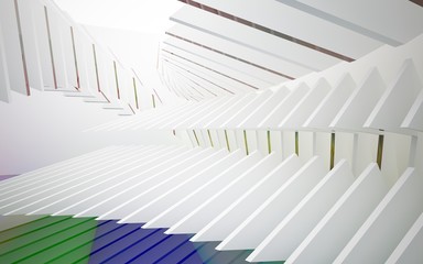abstract architectural interior with white sculpture and geometric glass lines. 3D illustration and rendering