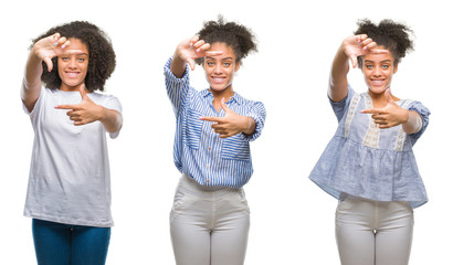 Collage of african american woman over isolated background smiling making frame with hands and fingers with happy face. Creativity and photography concept.