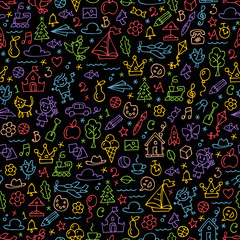 Vector children drawing sketch color outline doodles seamless background on a black background with kids hand drawn painting cartoon colorful element and sign for kindergarten and preschool pattern.