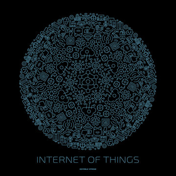 Vector Internet Of Things Circle Outline Icon Ornament On A Black Background With Wireless Network Systems And Cloud Computing Digital IoT Smart Technology Sign In Round Shape Mandala.