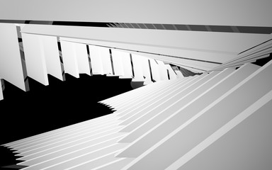 Abstract white interior of the future, with glossy black wall and floor. 3D illustration and rendering