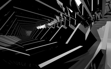 Abstract white interior of the future, with glossy black sculpture. 3D illustration and rendering