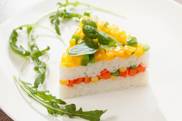 Vegetarian food, rice salad with vegetables, healthy meals