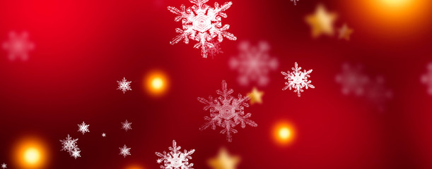 Red sparkling background with stars and snowflakes, the magical atmosphere of the Christmas holidays. Red bokeh background with snowflakes. Empty winter background, snowy, celebratory, sparks and star