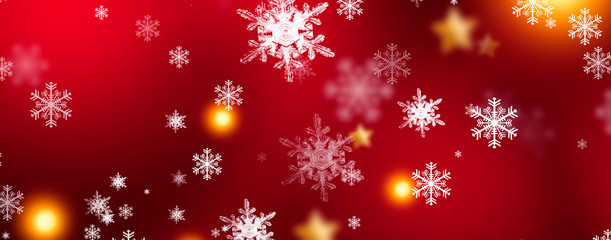 Red sparkling background with stars and snowflakes, the magical atmosphere of the Christmas holidays. Red bokeh background with snowflakes. Empty winter background, snowy, celebratory, sparks and star