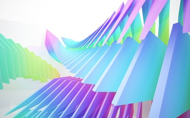 Abstract dynamic interior with gradient colored objects. 3D illustration and rendering