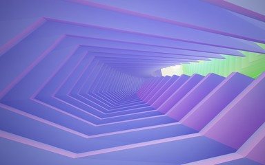 Abstract dynamic interior with gradient colored objects. 3D illustration and rendering