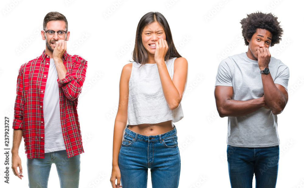 Sticker Collage of group of Chinese, african american, hispanic people over isolated background looking stressed and nervous with hands on mouth biting nails. Anxiety problem.