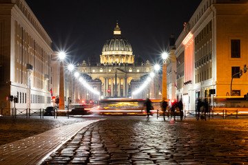 Night Image of Saint Peter's Basilica In Vatican City, Near Rome, Italy With Cobblestones and...