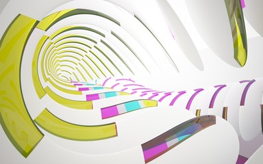 White smooth abstract architectural background whith colored gradient lines . 3D illustration and rendering