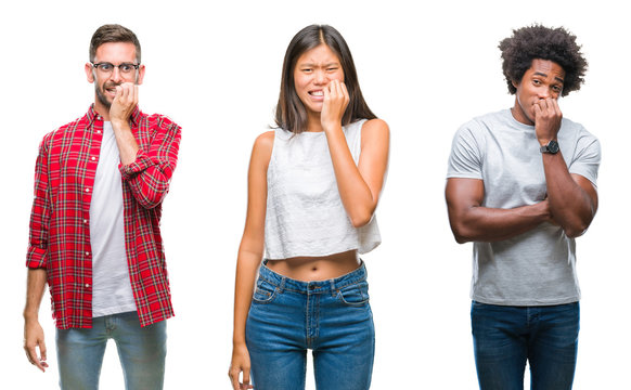 Collage of group of Chinese, african american, hispanic people over isolated background looking stressed and nervous with hands on mouth biting nails. Anxiety problem.