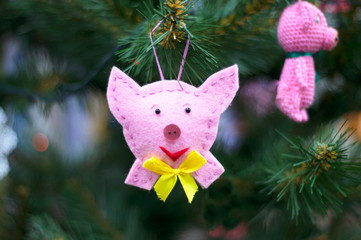 Christmas toy pig hanging on a Christmas tree branch