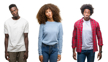 Collage of african american group of people over isolated background making fish face with lips, crazy and comical gesture. Funny expression.