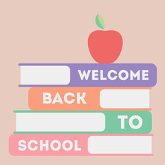 a stack of multi-colored books with an apple on top welcome back to school with coral background postcard