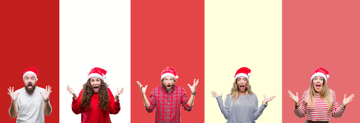 Fototapeta na wymiar Collage of group of young people wearing chrismast hat over isolated background celebrating crazy and amazed for success with arms raised and open eyes screaming excited. Winner concept