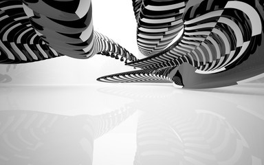 Abstract dynamic white interior with black smooth objects. 3D illustration and rendering