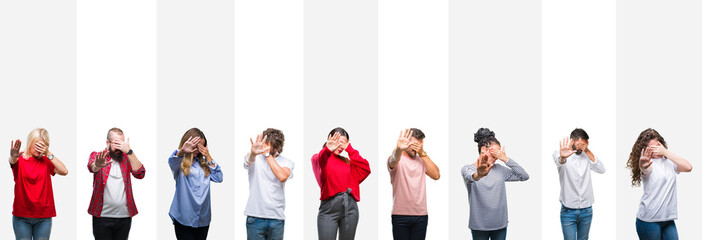 Collage of different ethnics young people over white stripes isolated background covering eyes with hands and doing stop gesture with sad and fear expression. Embarrassed and negative concept.