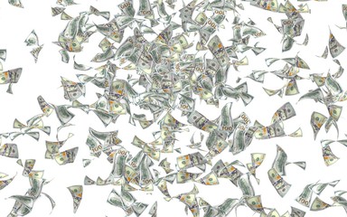 Flying dollars banknotes isolated on a white background. Money is flying in the air. 100 US banknotes new sample. 3D illustration