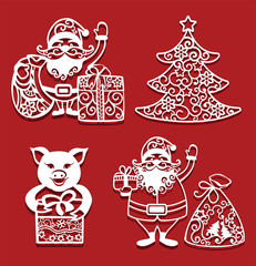 Fototapeta na wymiar Santa Claus holding Christmas bag and gift, Pig with gift, fir for laser cutting. New Year card