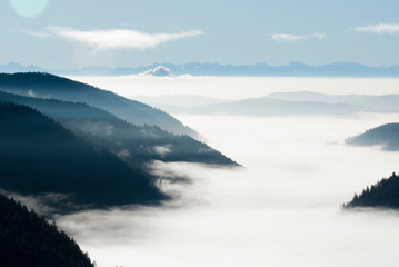 Nebelmeer, Berge ragen aus einem Meer aus Nebel