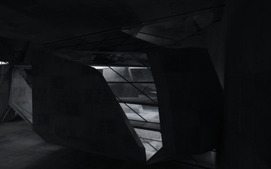 Naklejka premium Empty dark abstract concrete room interior. Architectural background. Night view of the illuminated. 3D illustration and rendering