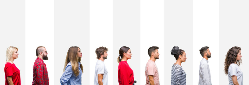 Collage of different ethnics young people over white stripes isolated background looking to side, relax profile pose with natural face with confident smile.