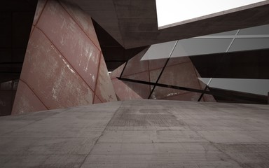 Empty abstract room interior of sheets rusted metal and concrete. Architectural background. Night view of the illuminated. 3D illustration and rendering