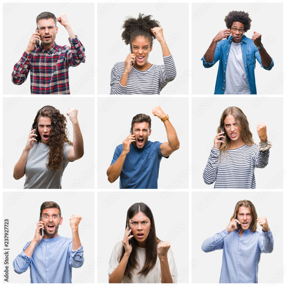 Sticker Collage of group of young people calling using smartphone over isolated background annoyed and frustrated shouting with anger, crazy and yelling with raised hand, anger concept