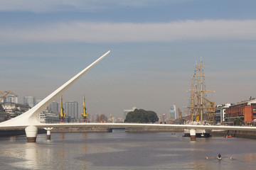 View of iconic landmark city of Buenos Aires El Puente de La Mujer, or Woman's Bridge.Puerto Madero Buenos Aires Argentina.