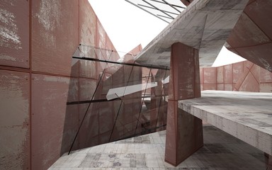 Empty abstract room interior of sheets rusted metal and brown concrete. Architectural background. 3D illustration and rendering