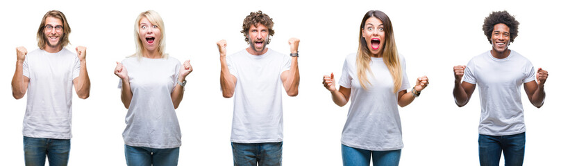 Collage of group of people wearing casual white t-shirt over isolated background celebrating...
