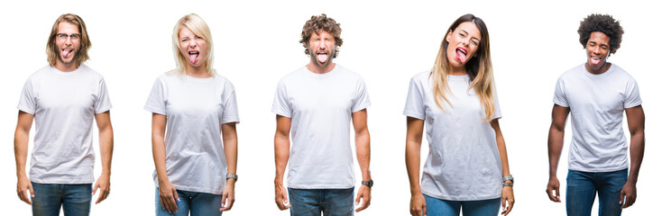 Collage of group of people wearing casual white t-shirt over isolated background sticking tongue out happy with funny expression. Emotion concept.