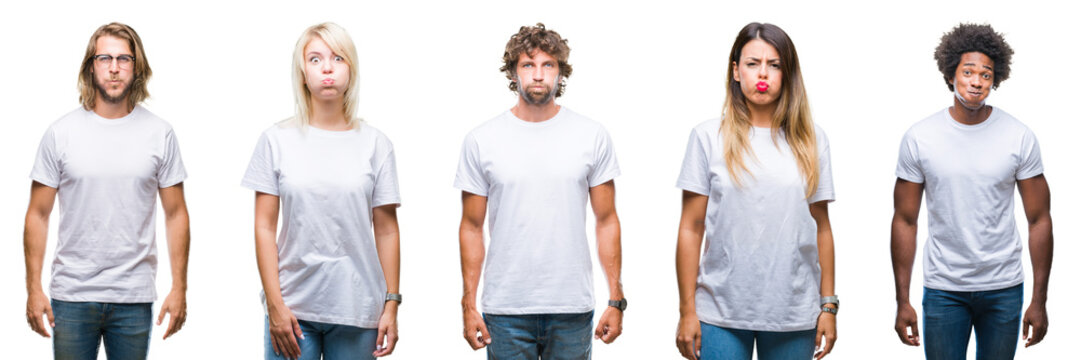 Collage of group of people wearing casual white t-shirt over isolated background puffing cheeks with funny face. Mouth inflated with air, crazy expression.