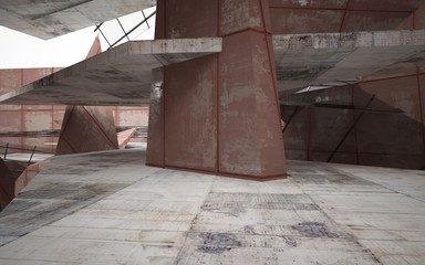 Empty abstract room interior of sheets rusted metal and brown concrete. Architectural background. 3D illustration and rendering