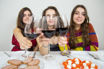 Brunette women having Christmas celebration clinking with wineglasses and smiling at camera