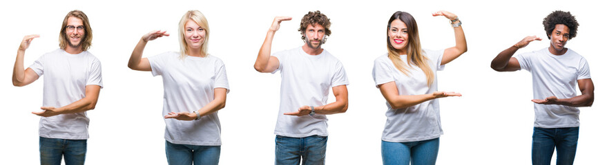 Collage of group of people wearing casual white t-shirt over isolated background gesturing with hands showing big and large size sign, measure symbol. Smiling looking at the camera. Measuring concept.