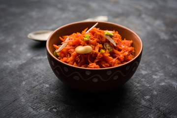 Gajar ka halwa is a carrot-based sweet dessert pudding from India. Garnished with Cashew/almond nuts. served in a bowl.