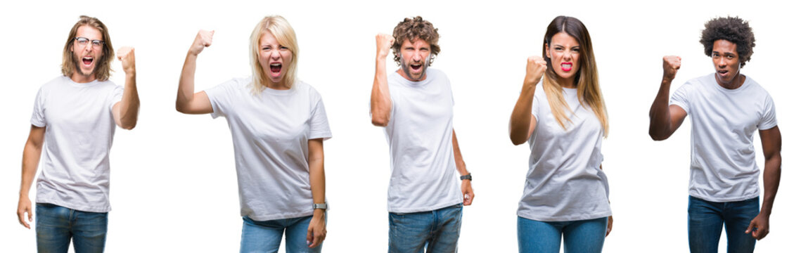 Collage of group of people wearing casual white t-shirt over isolated background angry and mad raising fist frustrated and furious while shouting with anger. Rage and aggressive concept.