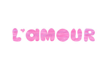 L'amour word. Typographic composition of texturised handdrawn letters isolated on a white background. Chalk pastel texture. Applicable as a sticker for social media content or instagram post.