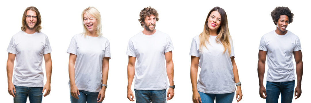 Collage of group of people wearing casual white t-shirt over isolated background winking looking at the camera with sexy expression, cheerful and happy face.