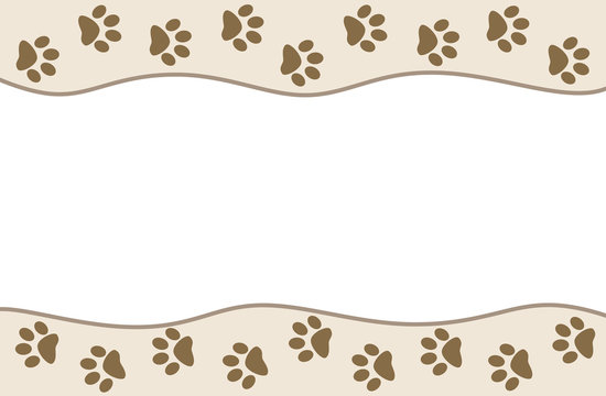 Animal paw prints on beige wave pattern border frame background design template with empty space for your text.