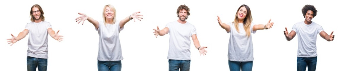 Collage of group of people wearing casual white t-shirt over isolated background looking at the...