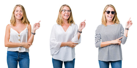 Collage of beautiful blonde woman over white isolated background with a big smile on face, pointing with hand and finger to the side looking at the camera.