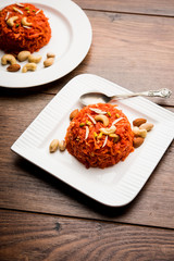 Gajar ka halwa is a carrot-based sweet dessert pudding from India. Garnished with Cashew/almond nuts. served in a bowl.