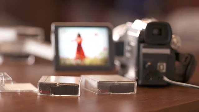 Man watching family home video on LCD screen of digital Mini DV camcorder. Young woman in summer on display of obsolete miniDV video camera.