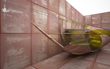 Empty smooth abstract room interior of sheets rusted metal and concrete with yellow glass. Architectural background. 3D illustration and rendering