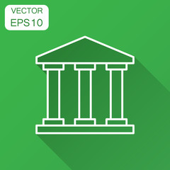 Bank building icon in flat style. Government architecture vector illustration with long shadow. Museum exterior business concept.