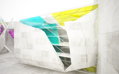 Abstract background in the form of  buildings made of dark concrete with colored windows. 3D illustration and rendering