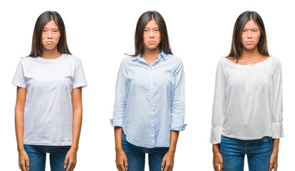 Obraz premium Collage of asian young woman standing over white isolated background depressed and worry for distress, crying angry and afraid. Sad expression.