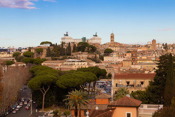 Rome, Italy - desember 29, 2017. Cityscape of the Rome italy in the sunny day. View from the Gianicolo Janiculum hill. View of the National Monument to Victor Emmanuel.